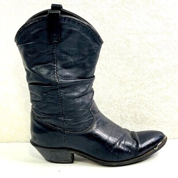Womens Slouchy Cowgirl Boots Pointed Toe Black Silver Trim Size 6 Western Cowboy - Picture 1 of 11